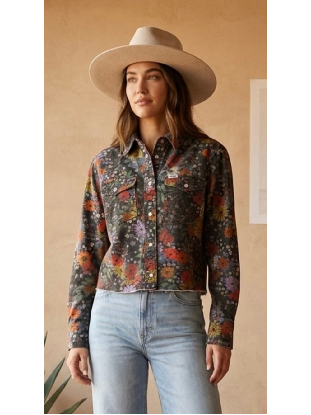 Wrangler Western Floral Raw Hem Cropped Denim Shirt